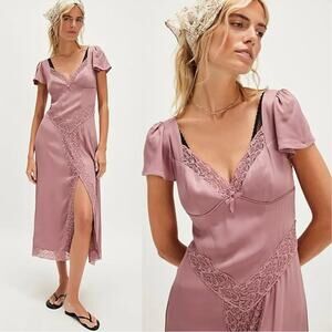 Free People Pink Skies Dainty Silky Lace Midi Dress in Nostalgia Rose XL